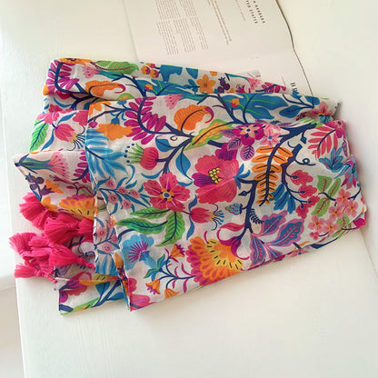 Bohemian Colorful Flowers, Cotton And Linen Hand Scarf, Sunscreen, Beach Scarf, Scarf Scarf Woman