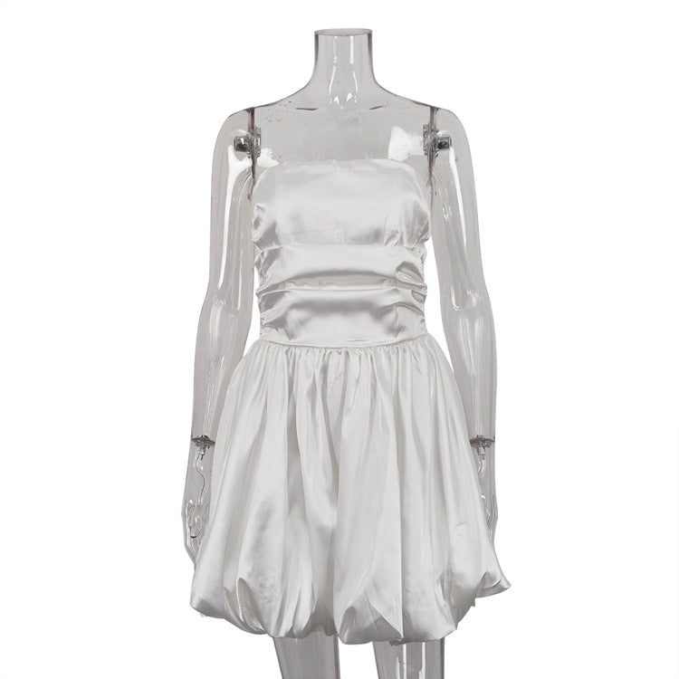 Sweetheart Strapless White Satin Dress with Ruffles