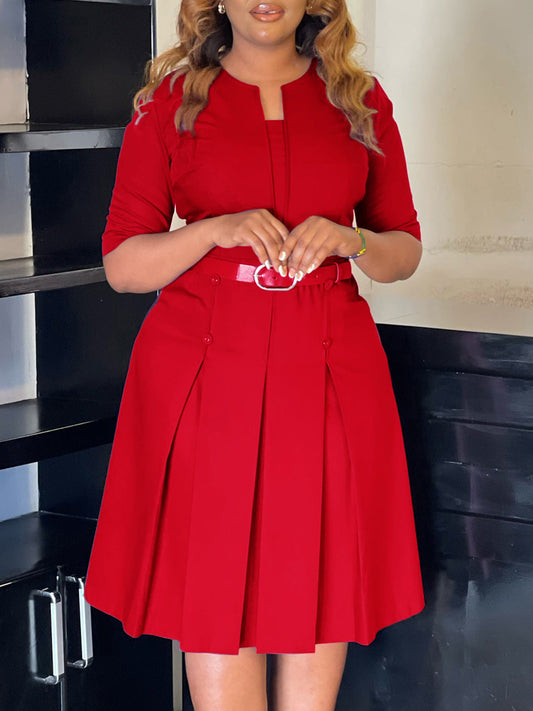 Elegant A-Line Dress With Belt For Women