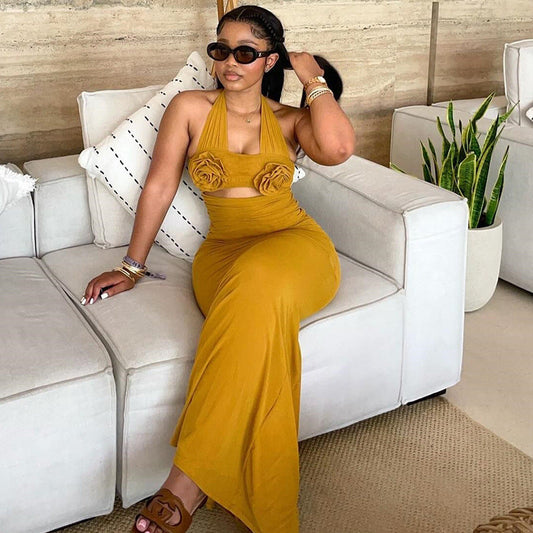 Chic Sleeveless High Waist Maxi Dress With 3D Floral Accents