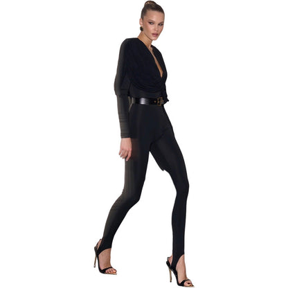 Sexy Deep V-Neck Slim Fit Solid Color Long Pants Jumpsuit