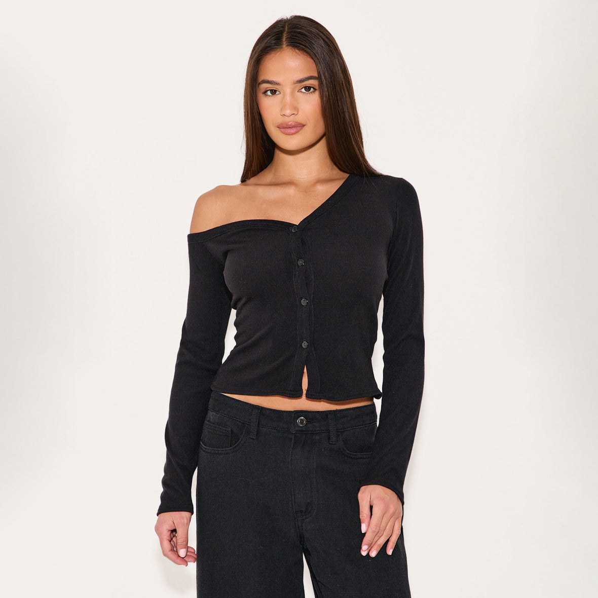 Asymmetrical Neck Long Sleeve Button Knit Cardigan T-Shirt