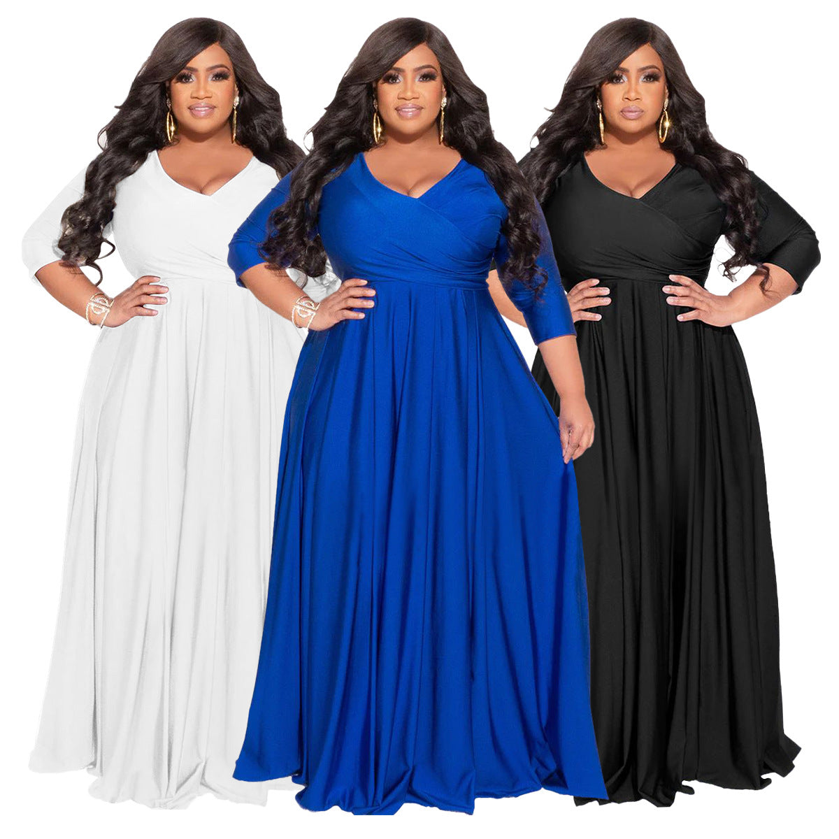 Plus Size Solid Color V-Neck Elegant Long Dress