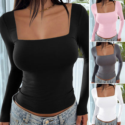 Y2K Square Neck Long Sleeve Fitted Casual Top for Women