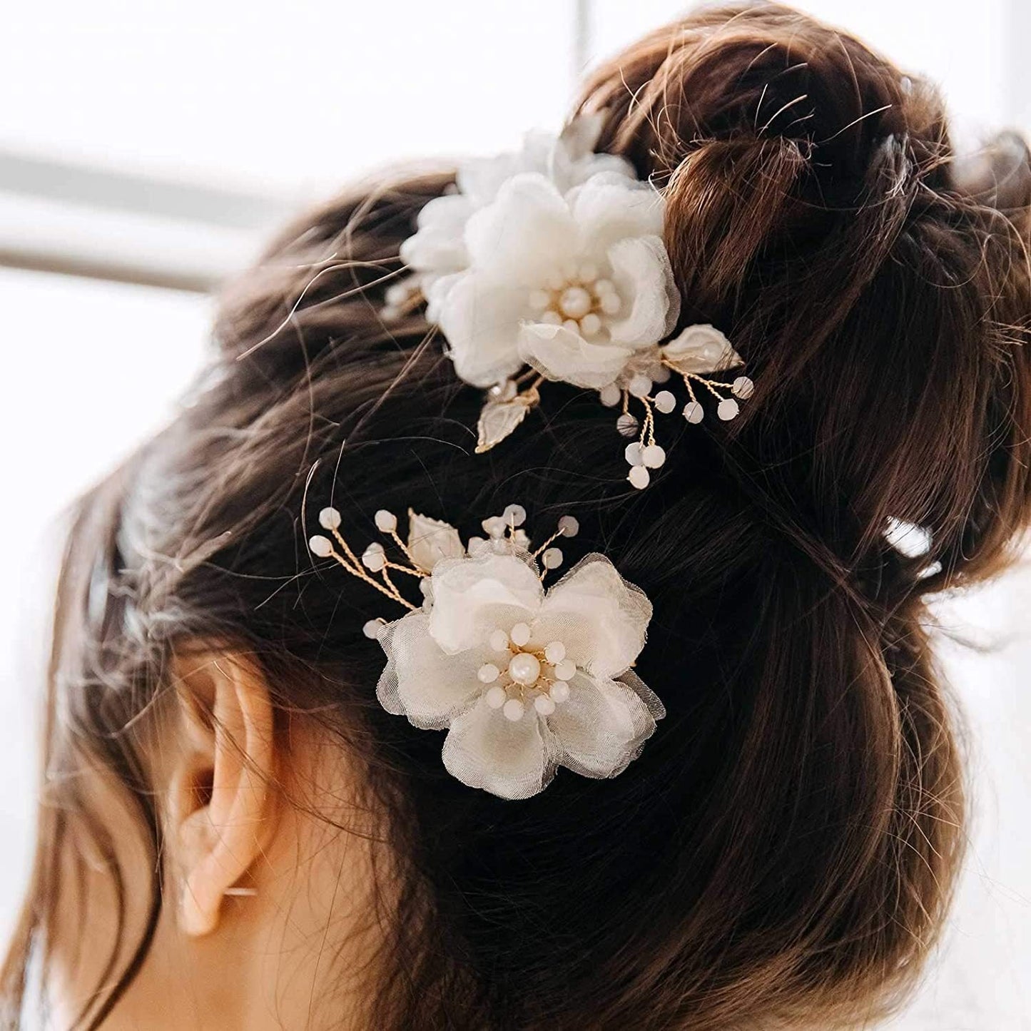 Bridal Wedding Hair Accessories Beige Organza Flower Leaf Alloy Hair Clips Set