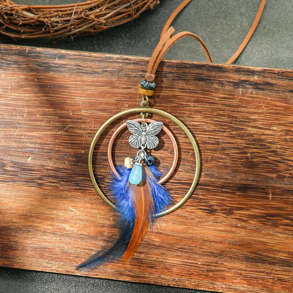 Colorful Feather Pendant Necklace Bohemian Style Butterfly Jewelry