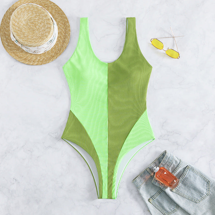 One-Piece Swimsuit Contrast Panels, Pit Strip Fabric Women'S Swimsuit Beach Vacation