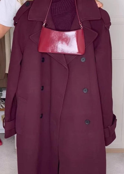 Belted Wool Coat Double Breasted Burgundy