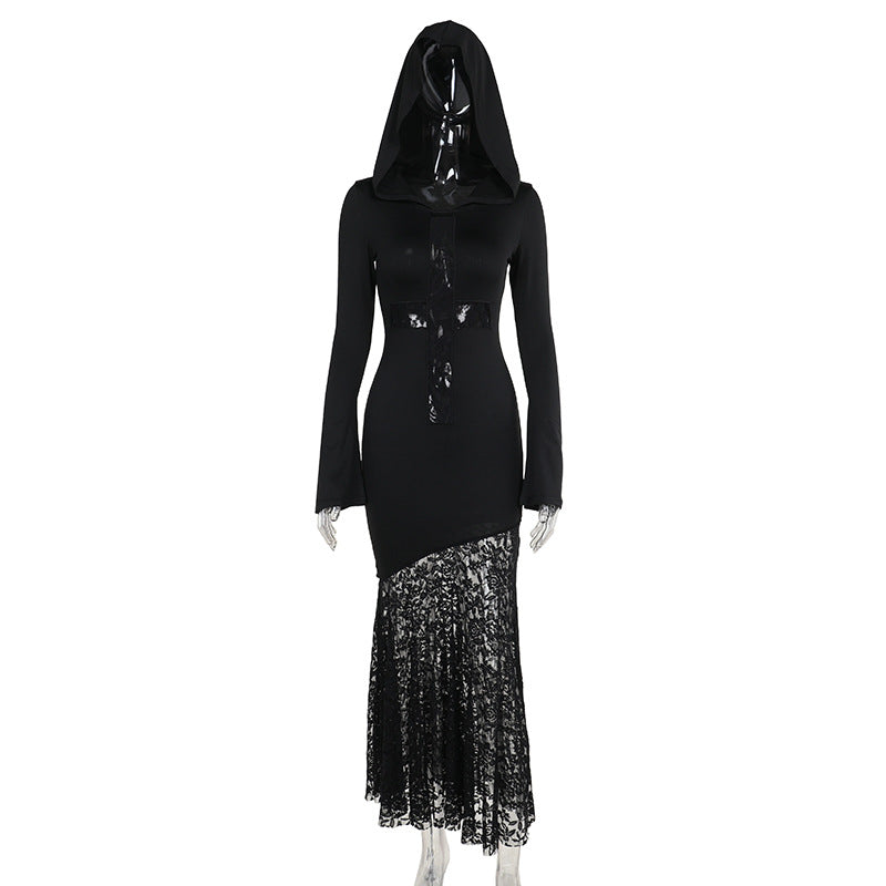 Elegant Hooded Lace Hollow Out Long Sleeve Dress
