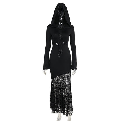 Elegant Hooded Lace Hollow Out Long Sleeve Dress