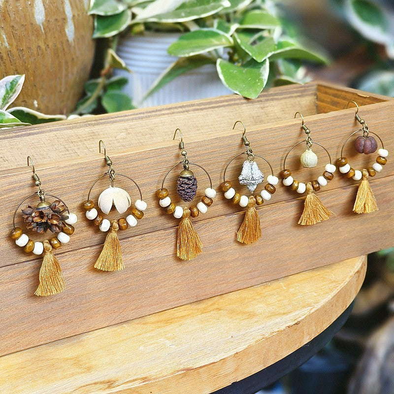 Bohemian Fringe Retro Style Earrings with Wooden Beads