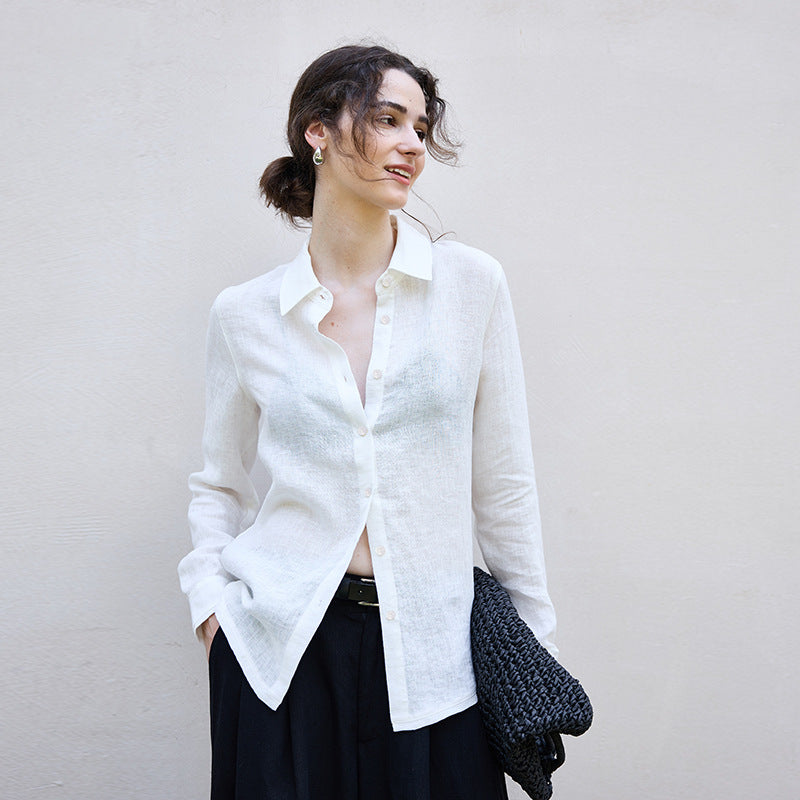 Relaxed Fit Solid Color Linen Shirt For Women
