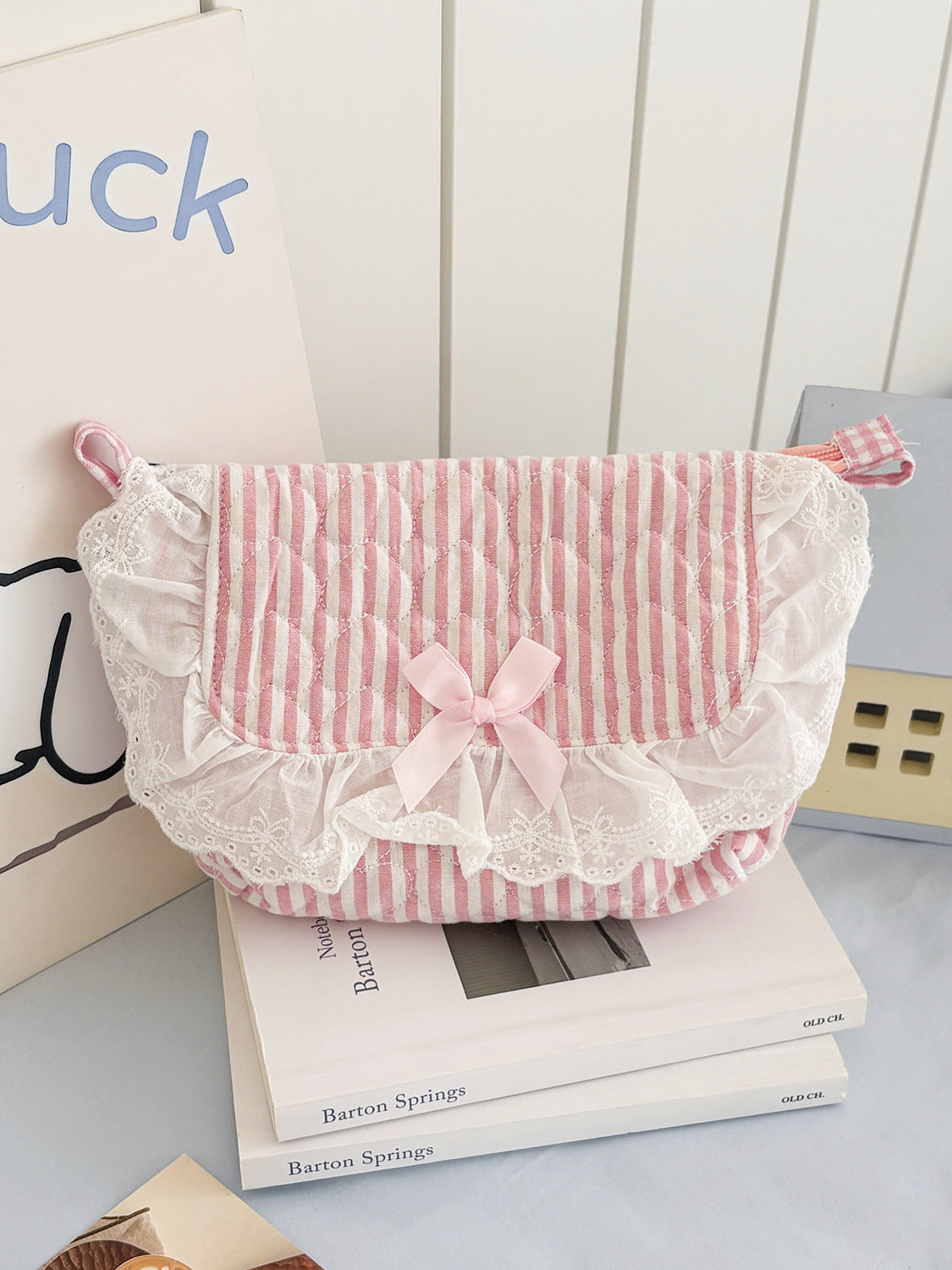 Pastel Striped Heart Lace Crossbody Bag Soft Casual Tote