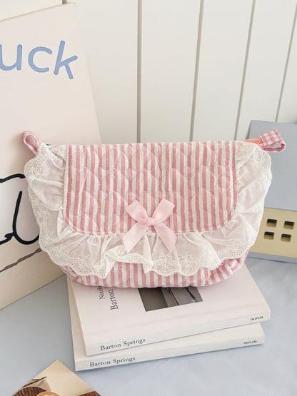 Pastel Striped Heart Lace Crossbody Bag Soft Casual Tote