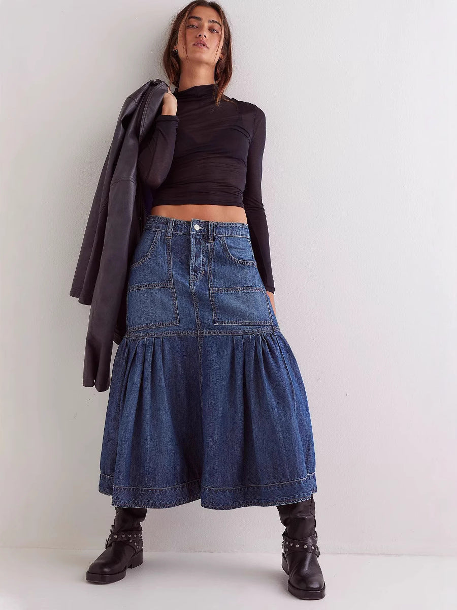 High-Waisted A-Line Denim Skirt Casual Vintage Style