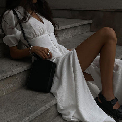 Elegant Puff Sleeve Fitted Maxi Dress with Slit
