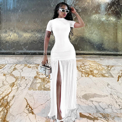 Elegant Solid Color Bodycon Dress Short Sleeve Round Neck