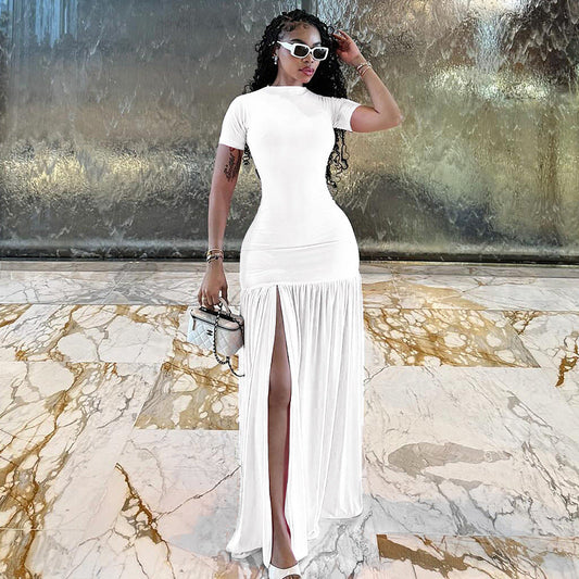 Elegant Solid Color Bodycon Dress Short Sleeve Round Neck