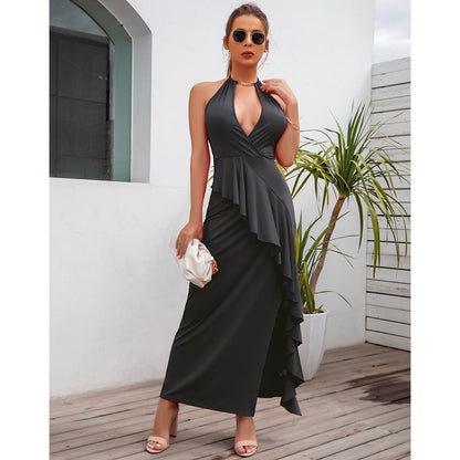 Women'S Temperament Slit Pleated Suspender Dress Evening Dress