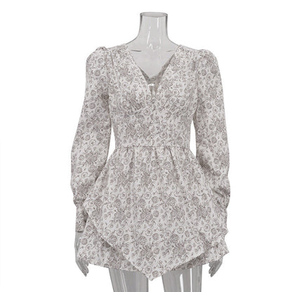 French Vintage Elegant Printed V-Neck Long Sleeve Dress