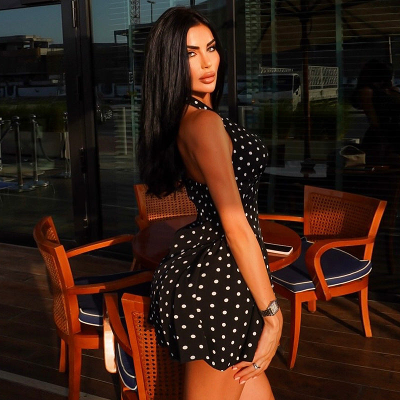 Polka Dot A-Line Dress Deep V Neck Sleeveless Fit & Flare