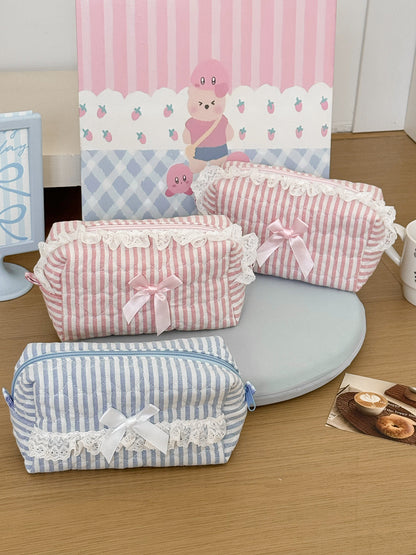Pastel Striped Lace Storage Pouch Cute Fresh Style