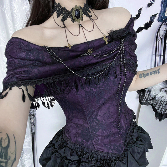Gothic Rose Print Off-Shoulder Top Stylish Casual Lace Blouse
