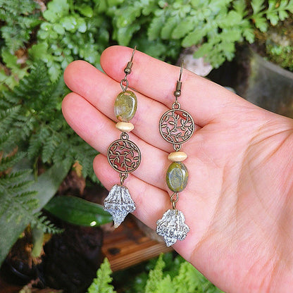 Vintage Leaf Design Handmade Earrings with Natural Green Stone