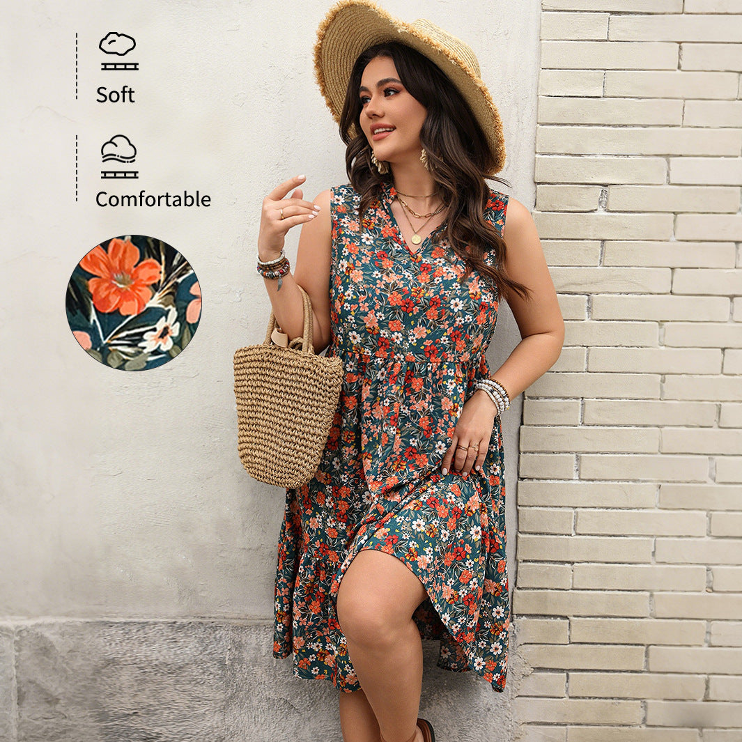 Elegant Floral Print Sleeveless Dress Polyester Casual Maxi Dress