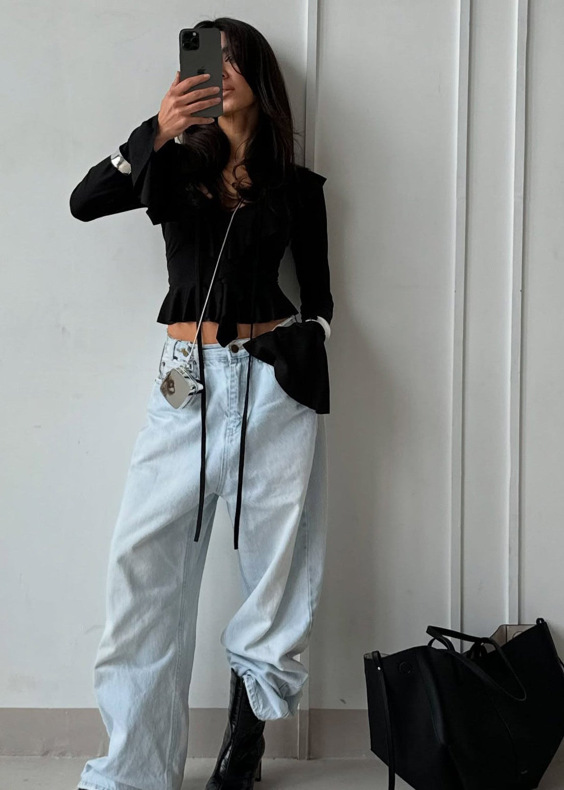 Ruffled Tie Front Stretch Fabric Long Sleeve Top
