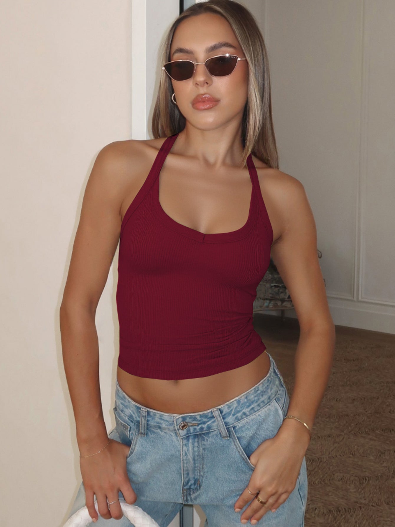 Sleeveless Knitted Top Sexy Fitted Halter Neck Solid Color