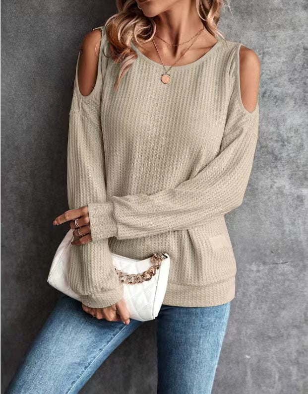 Autumn And Winter New Off-The-Shoulder Buttons Loose Long-Sleeved T-Shirt Tops