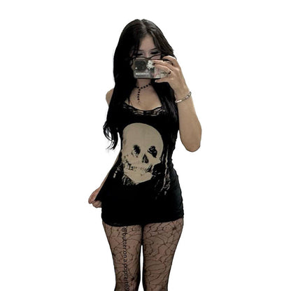 Skull Print Halter Mini Dress Dark Style
