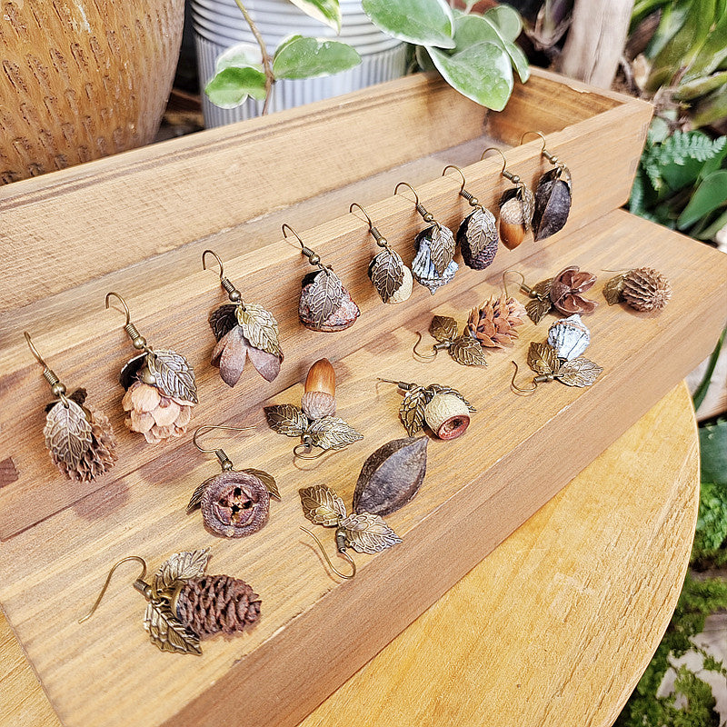 Creative Long Leaf Wood Earrings with Natural Dried Fruits