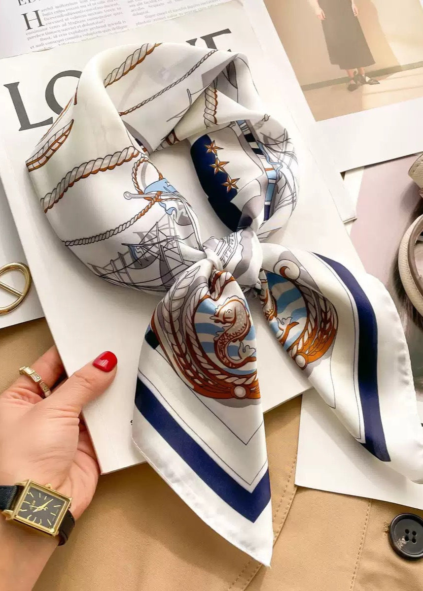 Satin Square Scarf With Maritime Motif