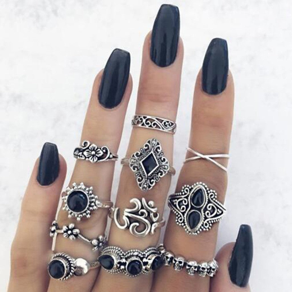 Vintage Geometric Moonstone Ring Set With Sun And Arrow Design