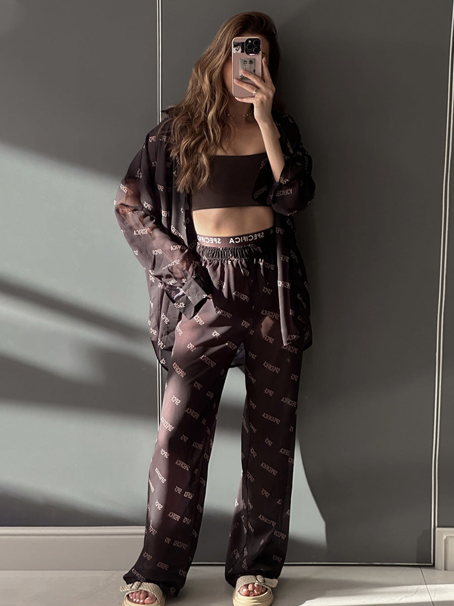 Floral Print Chiffon Long Pants Set Women's Casual Outfit