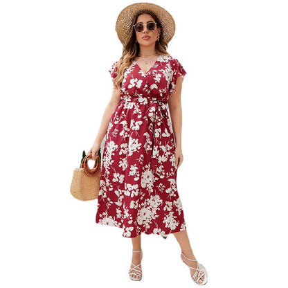 V-Neck Belted Midi Dress Red Floral Polyester Casual