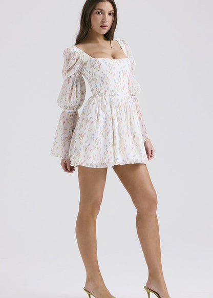 Floral Chiffon Mini Dress With Puff Sleeves