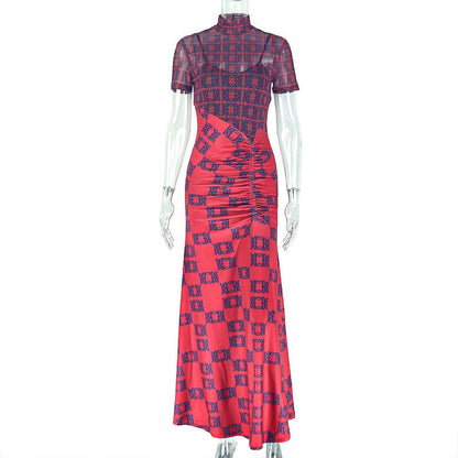 Form-Fitting High Neck Sheer Bodycon Dress With Floral Print