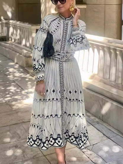 Elegant Long Sleeve Floral Print Dress with Waist Belt