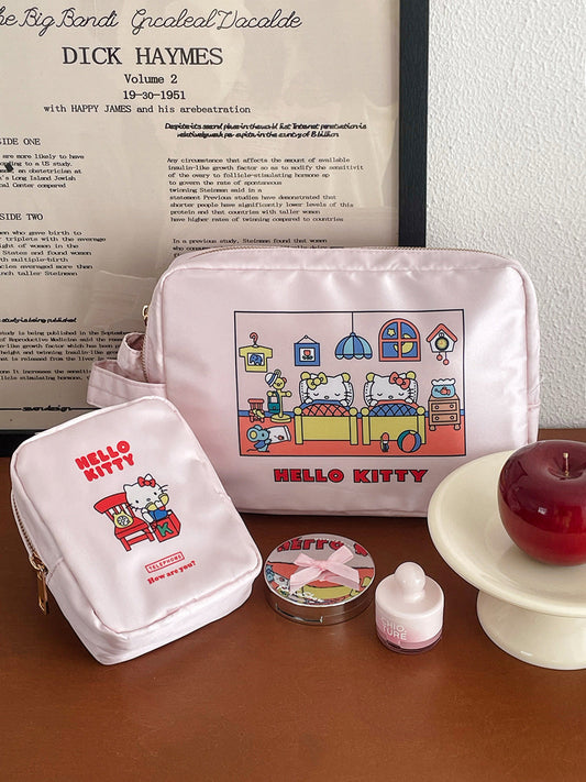Cat Print Satin Cosmetic Bag Cute Cartoon Travel Organizer