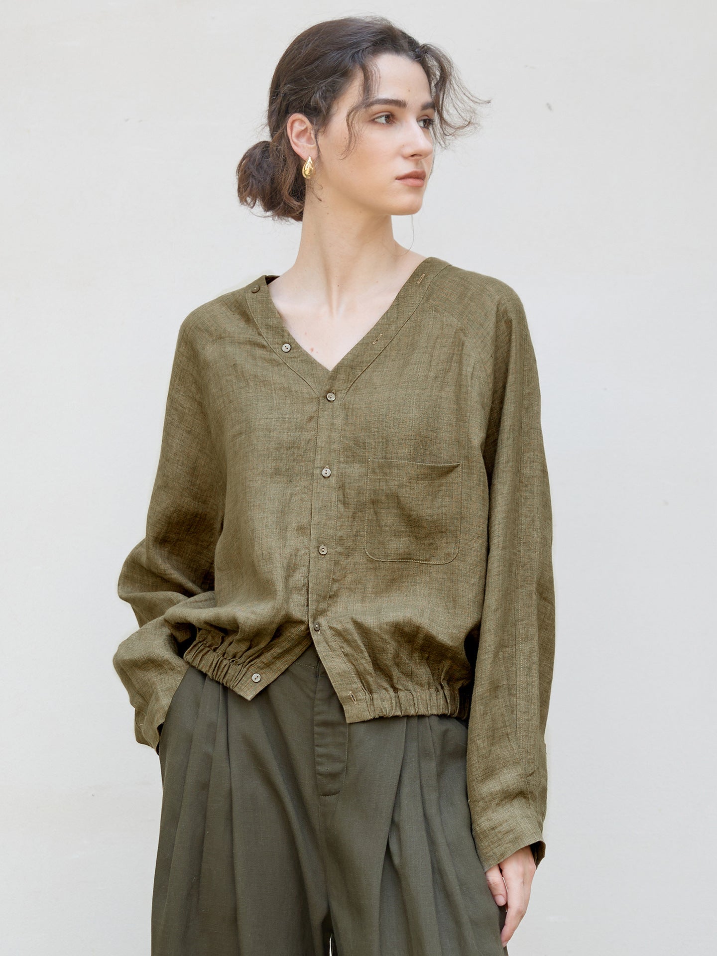 V-Neck Loose Linen Long Sleeve Shirt Stylish Retro Design