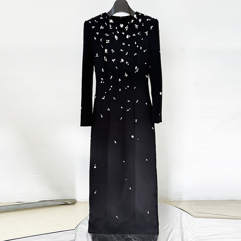 Elegant Long Sleeve A-Line Dress With Beading And Rhinestones
