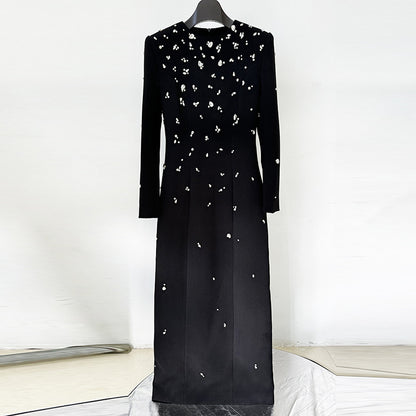Elegant Long Sleeve A-Line Dress With Beading And Rhinestones