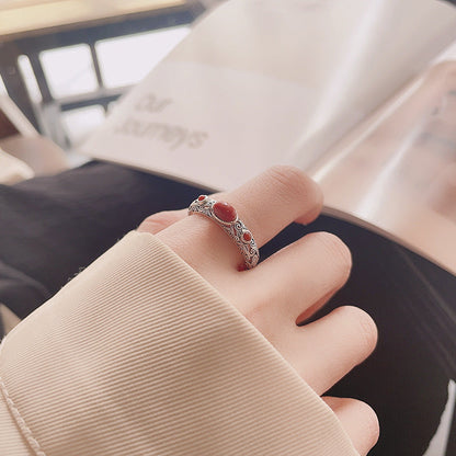 S925 Pure Silver Retro Old Craft Pattern Decorated With Southern Red Agate Art Style Open Ring