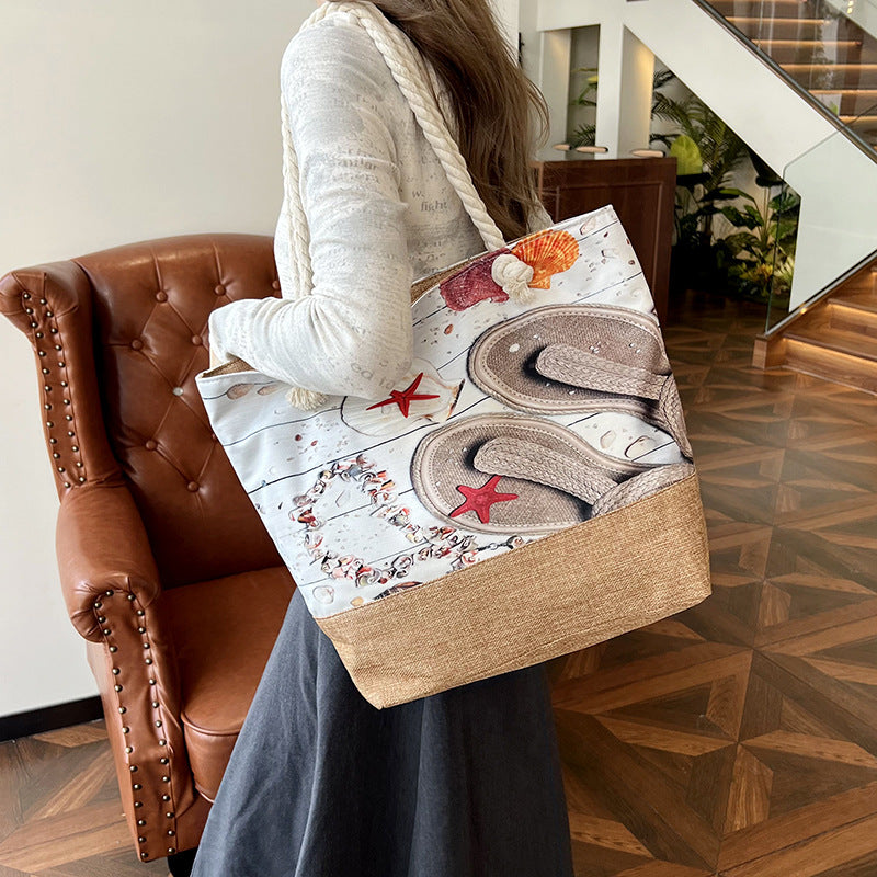 Large Capacity Digital Print Linen Beach Bag for Women