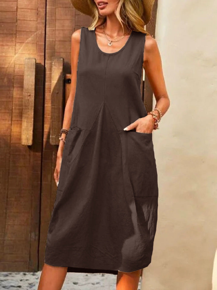 Casual Dress Cotton Linen Sleeveless Solid Amazon Loose U-Neck Dress
