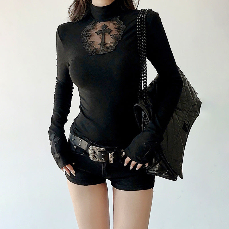 Sexy Black Hollow Cross Long Sleeve Top