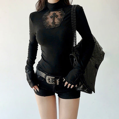 Sexy Black Hollow Cross Long Sleeve Top